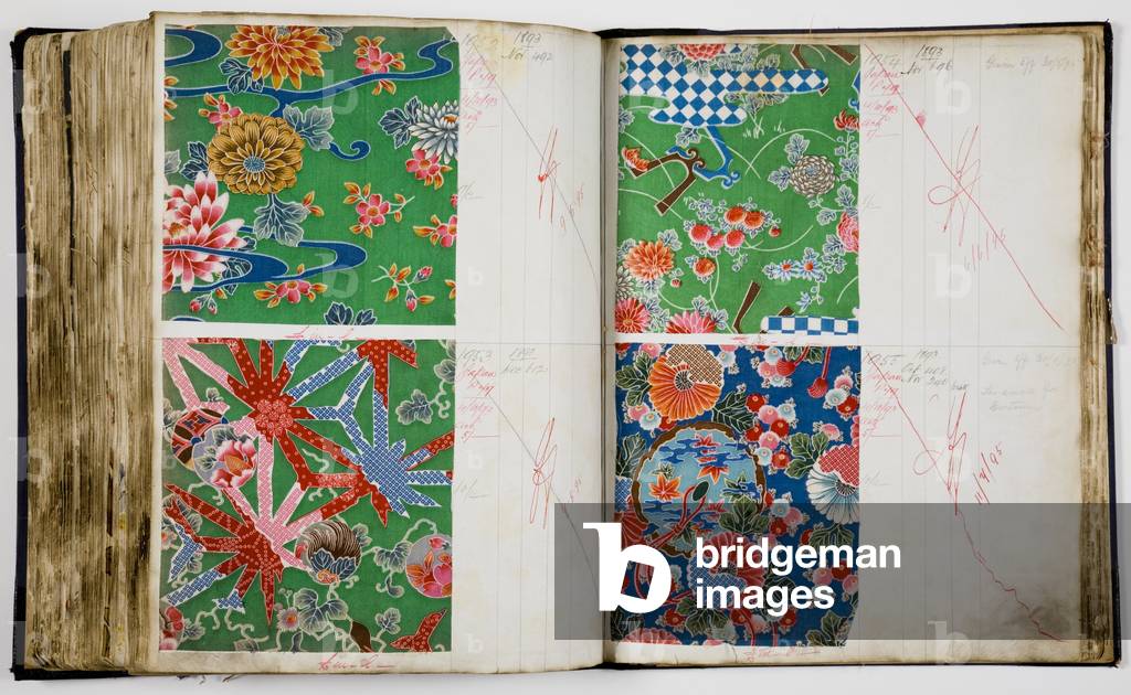 Pages from a sample book, 1890-95 (pen & ink and textile on paper)