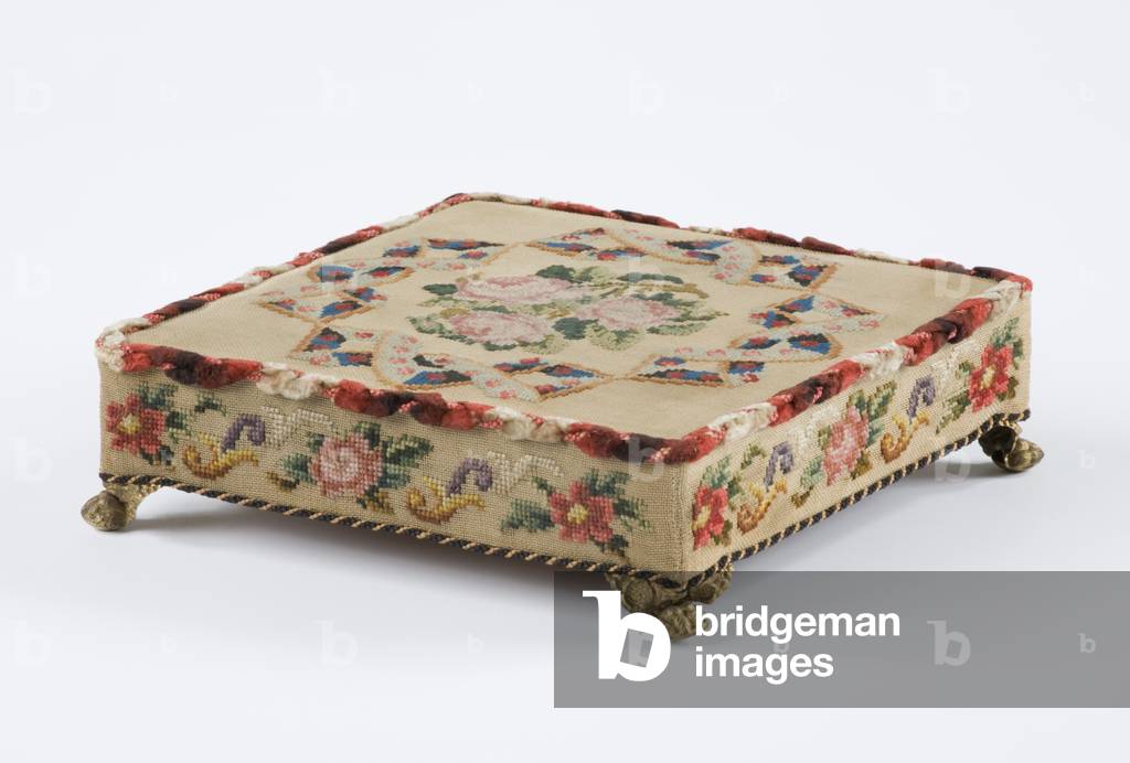 Footstool, c.1850 (wood, brass & Berlin woolwork)