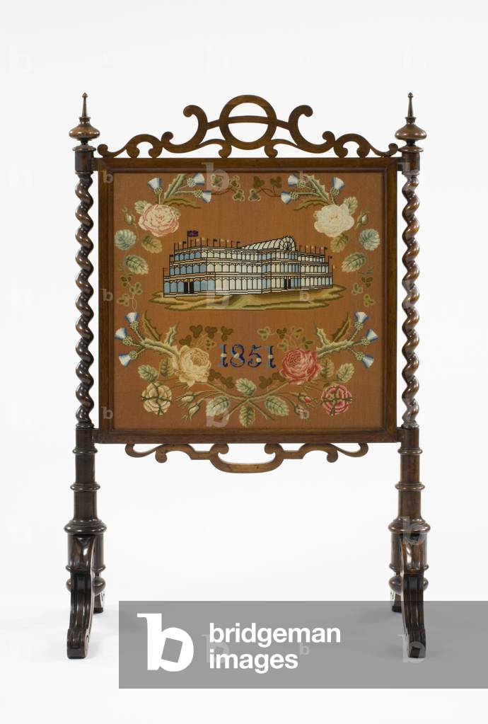 Fire screen, c.1855 (rosewood, Berlin woolwork & damask) (see also 3084416)