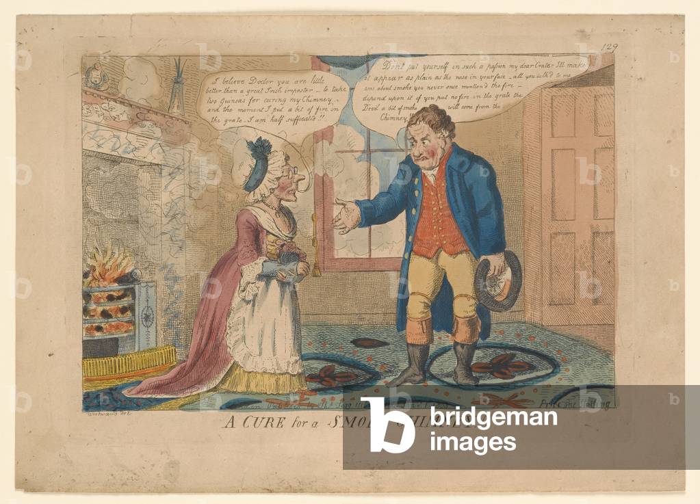 A CURE for a SMOKY CHIMNEY!!, drawn by G. M. Woodward, 1808 (hand-coloured engraving)