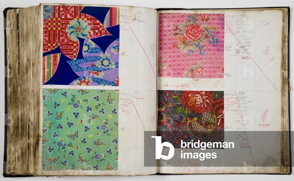 Pages from a sample book, 1890-95 (pen & ink and textile on paper)