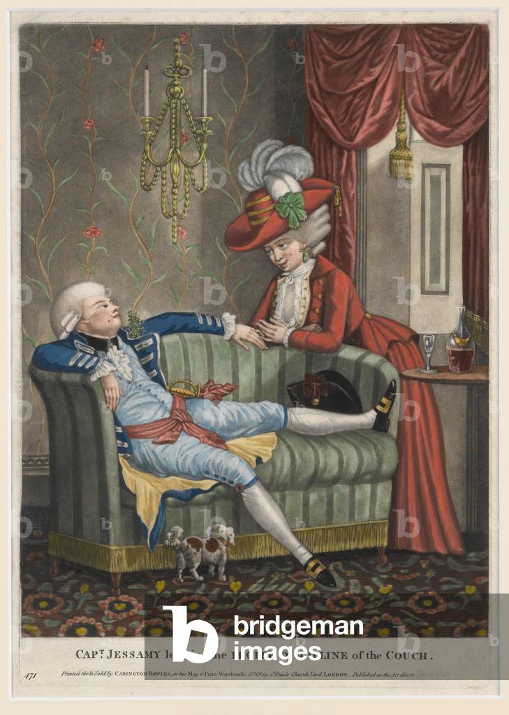 Captain Jessamy learning the Proper Discipline of the Couch, c.1782 (hand-coloured mezzotint)