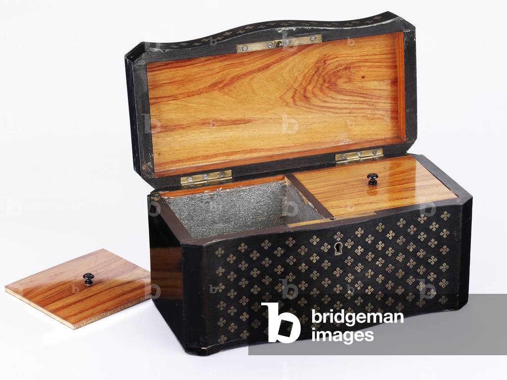 Tea caddy, c.1840 (ebonised pine lined with tulip wood, with bird's eye maple veneers and brass inlays)