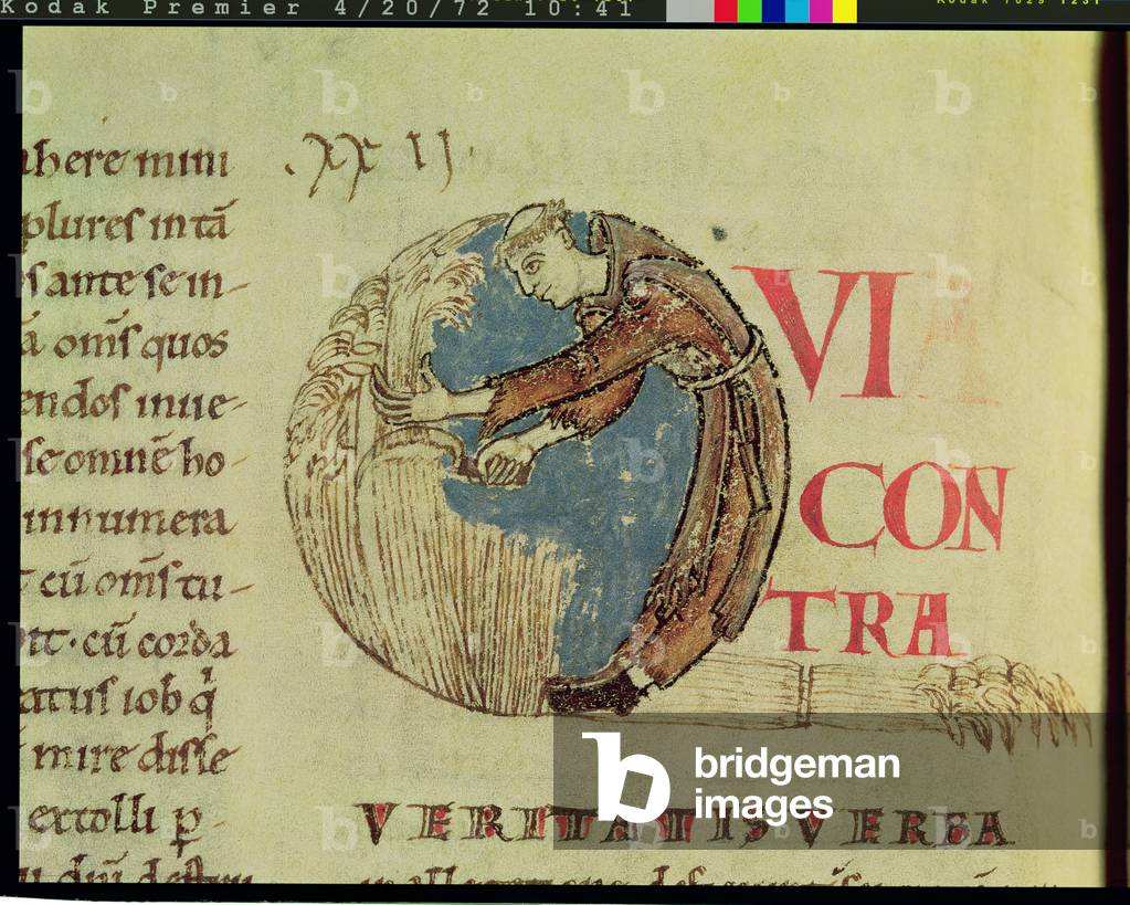 Ms 170 fol.75v Historiated initial 'Q' depicting a Cistercian monk harvesting in the fields, from Moralia in Job by Pope Gregory the Great (vellum)