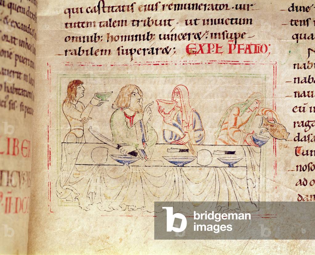 Ms.12/15 t.3 fol.158v, Meal with Judith and Holofernes, from the Bible of Etienne Harding, 1109 (vellum)