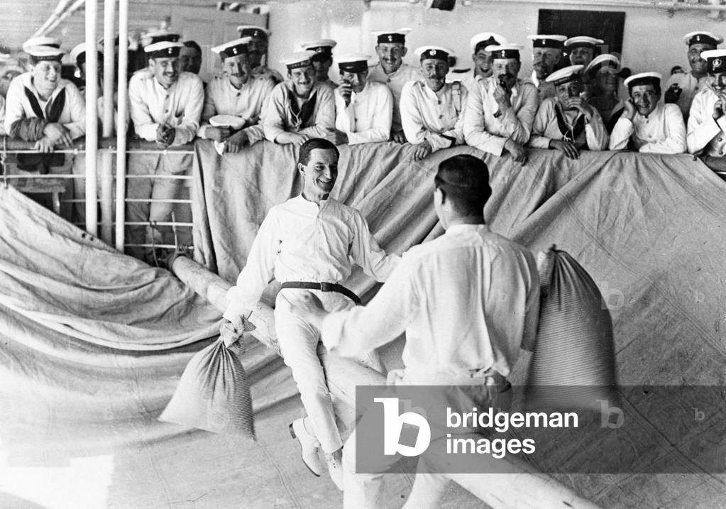 Pillow Fighting, Capt. Godfrey Faussett and the Fleet Surgeon, 1911 (b/w photo)