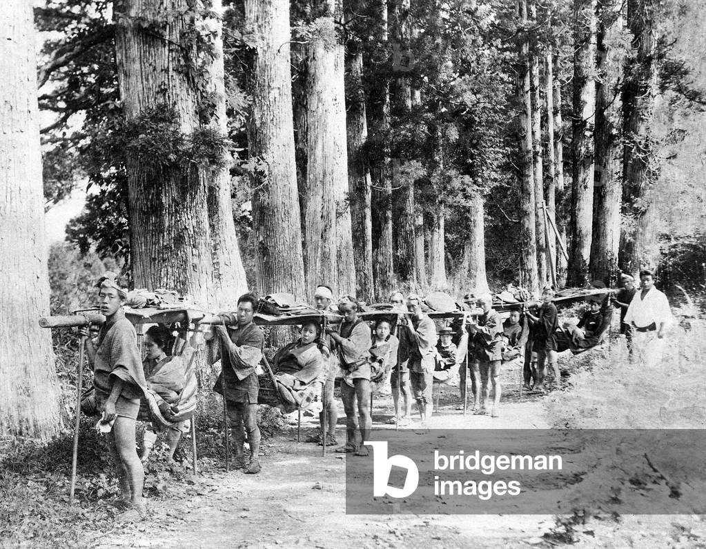 Travelling a Mountain Road by Palanquin, c.1870s (b/w photo)