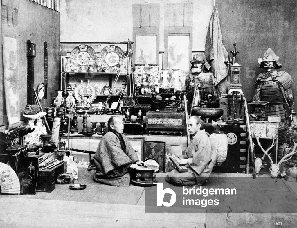 Japanese Shopkeepers with an Abacus, c.1870s (b/w photo)