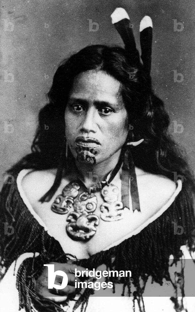 Portrait of a Maori woman, before 1880 (b/w photo)