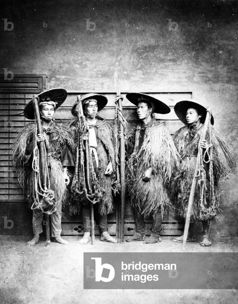 Japanese Men in Straw Coats, c.1870s (b/w photo)