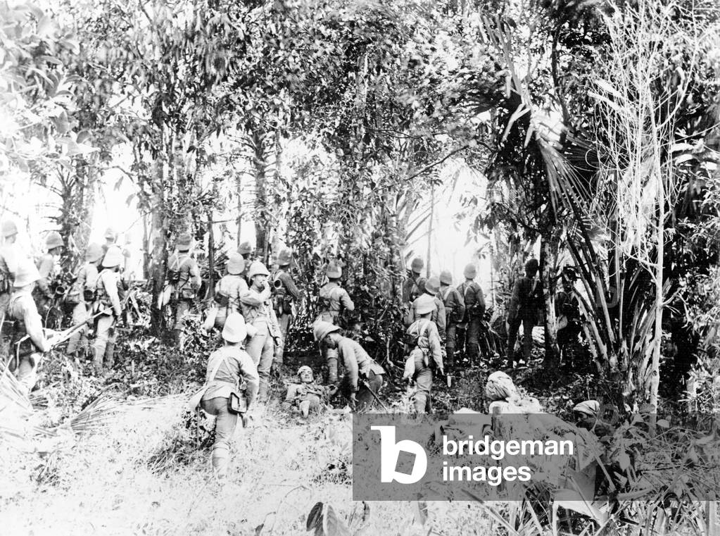 Assault on Kyaing-Kwintaung Stockade, Burma, by the 2nd Devon Regt, during the Wuntho Sawbwa campaign, 1891 (b/w photo)