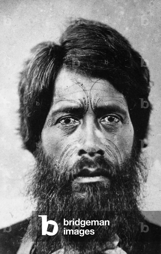 Maori Man with Facial 'Te Moko' Tattoo, 1860 (b/w photo)