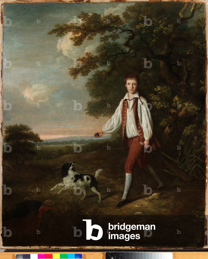 Portrait of a youth holding a cricket bat and ball with his pet black and white springer spaniel in a clearing by a wooded landscape (oil on canvas)