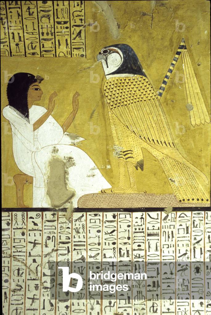 Ancient Egypt, Wall painting Tomb of Inherkhau, Thebes, Tomb of the Nobles, 20th dynasty, Inkherhau worshipping the Horus hawk (photo)