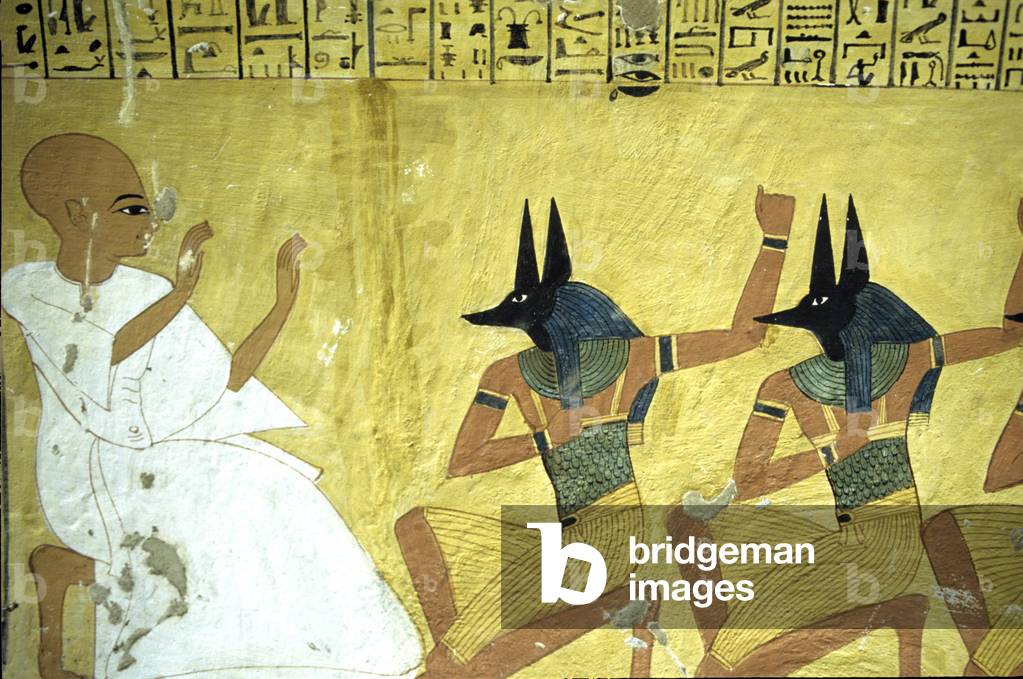 Tomb of Inherkhau, TT359 in Deir el Medina, Thebes, Inherkhau, 'Foreman of the Lord of the Two Lands in the Place of Truth', Ramesside period, 20th Dynasty, Inherkahu as a priest worshipping jackal Gods of the underworld (photo)