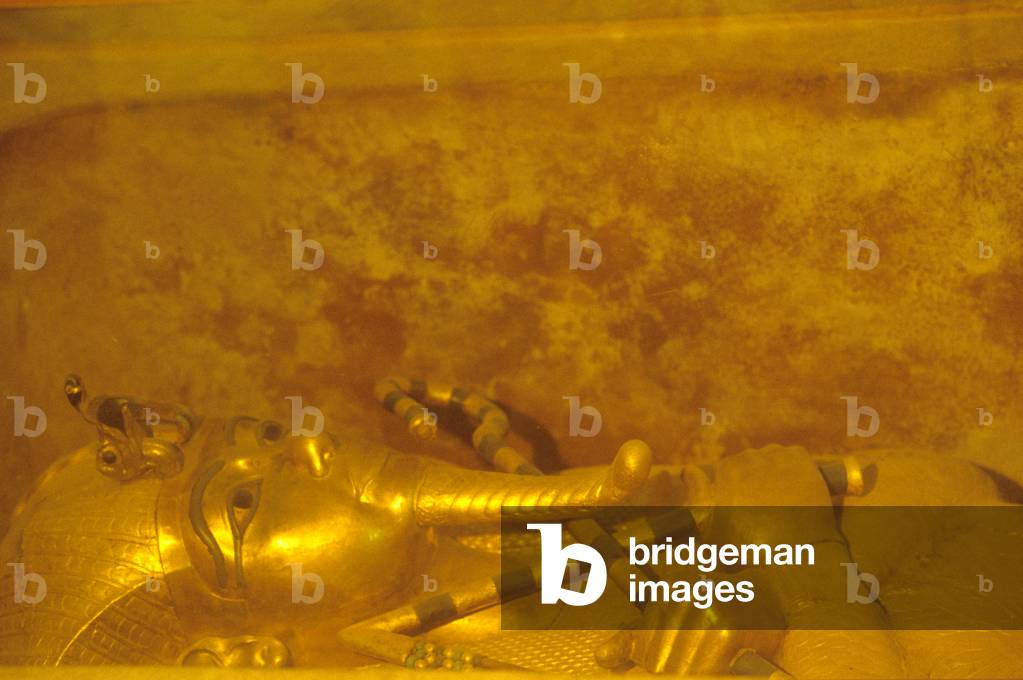 Ancient Egypt, Tutenkhamun's mummy in its sarcophagus in burial chamber, Tutenkhamun's Tomb, Thebes, 18th Dyn (photo)