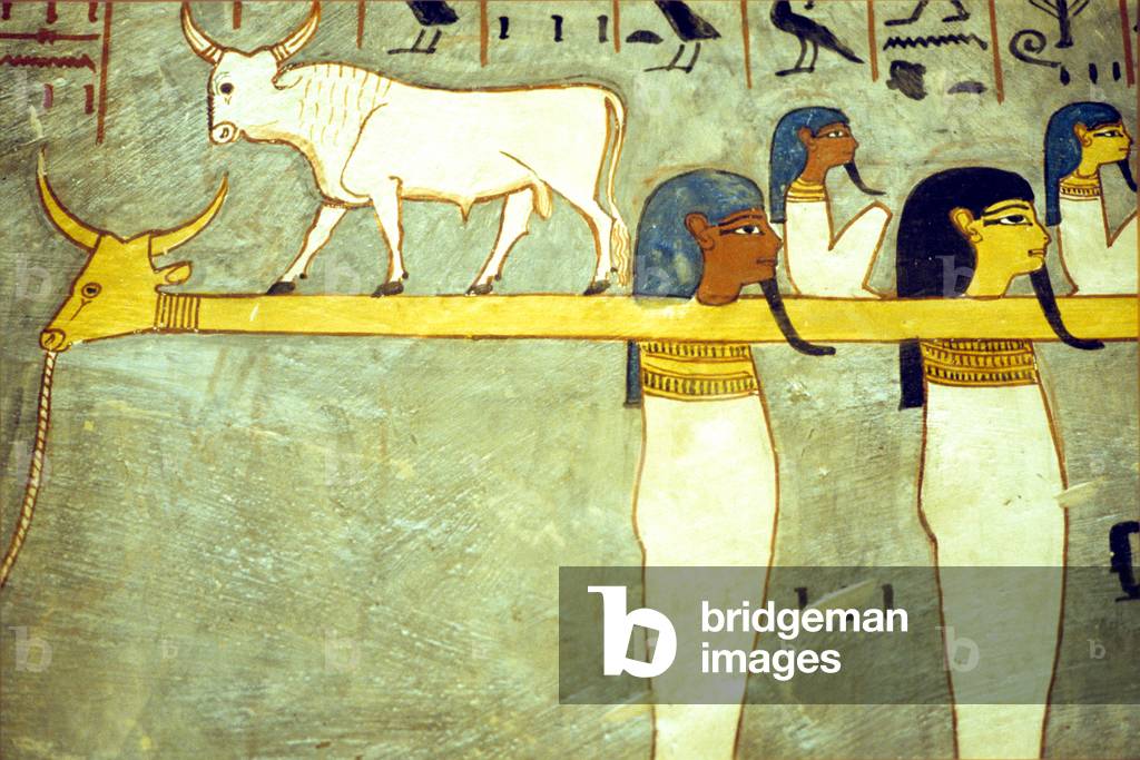 Ancient Egypt, Painting, Gods of the underworld tethered to Hathor, divine cow, towing the solar barque, Tomb of Rameses I, Thebes, 19th Dyn, Valley of the Kings (photo)