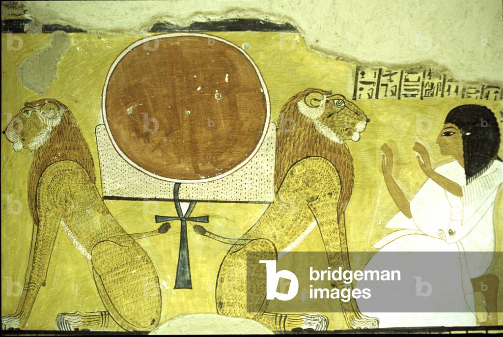 Ancient Egypt, Wall painting Tomb of Inherkhau, Thebes, Inherkhau adoring two lions, guardians of today and tomorrow, 20th Dynasty (photo)