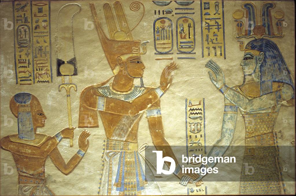 Ancient Egypt, Painted relief, Valley of the Queens, Tomb of Amon-hir-Khopshef, Thebes, 20th dynasty, Rameses III and his son Amon-hir-Khopshef (photo)