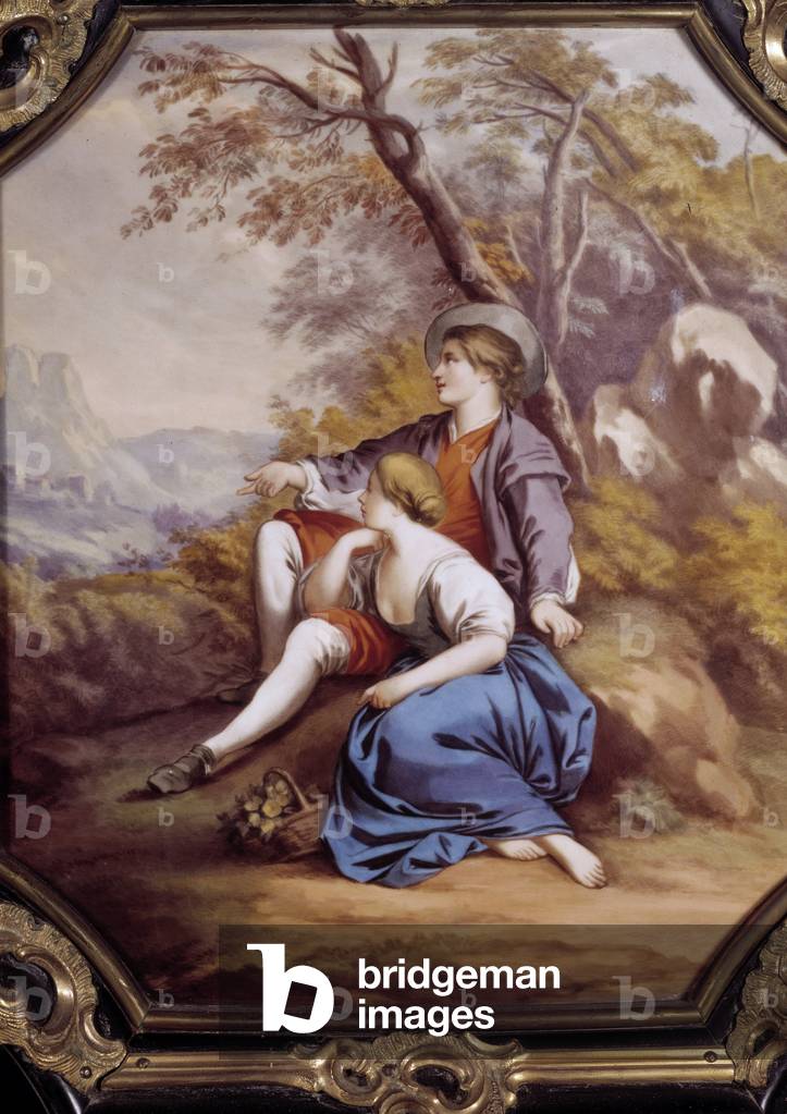 Reverie Secretaire greenhouse jewellery: detail of paintings of porcelain plates of sevres representing a bucolic scene with two shepherds, c.1859 (oil on canvas)