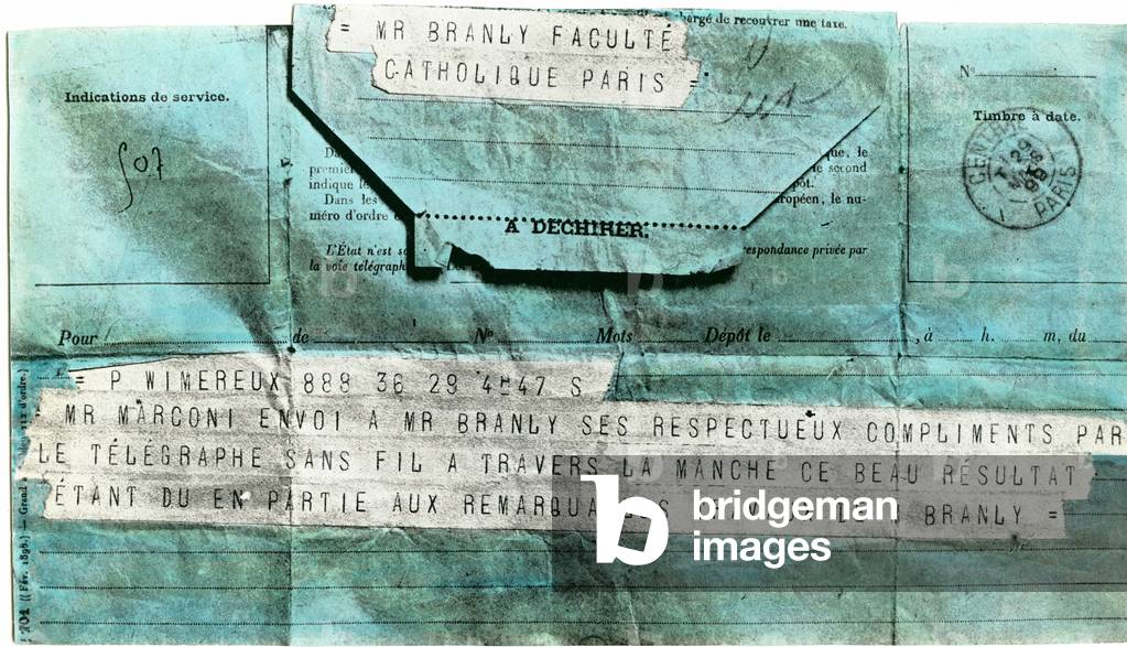 The first telegram of Guglielmo Marconi (1874-1937) sent to Edouard Branly (1844-1940). 1899 (print)