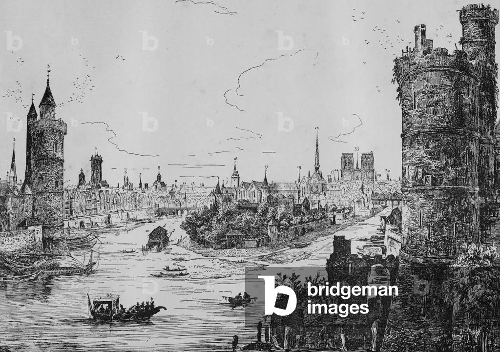 View of the island of the Cite in the 15th century (engraving)