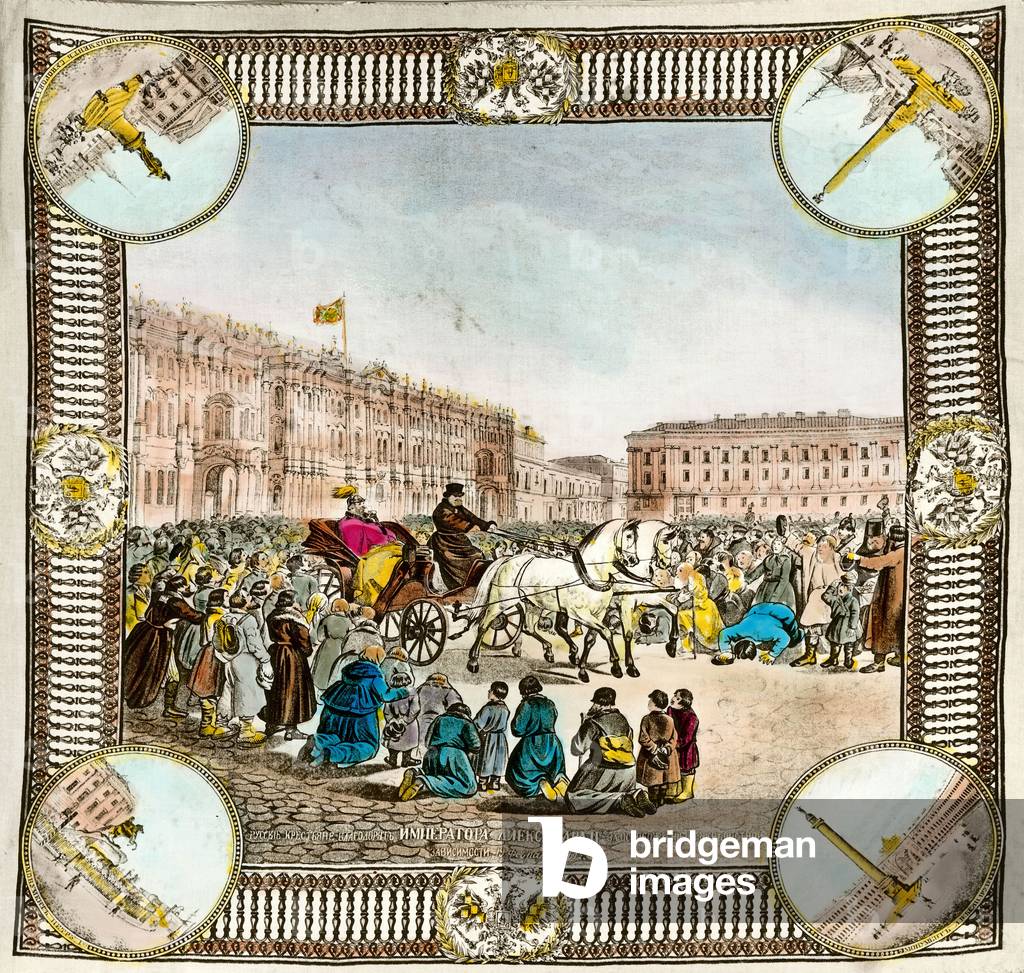 Liberation of Serfs by Tsar Alexander II of Russia (1818-1881) in 1861. Russian scarf of the period, 19th century (engraving)