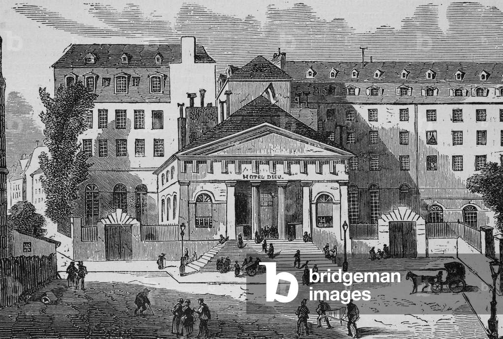The Hotel Dieu, founded in the 18th century and demolished in 1877, 19th century (engraving)