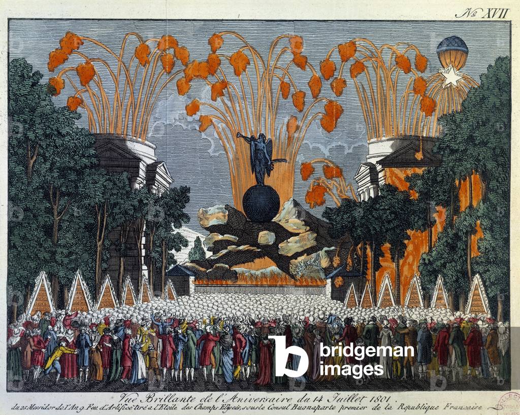 National fete of 14 July 1801 on the Champs Elysees, Paris: Fireworks takes place of the star at the Champs Elysees in Paris, 1801 (engraving)