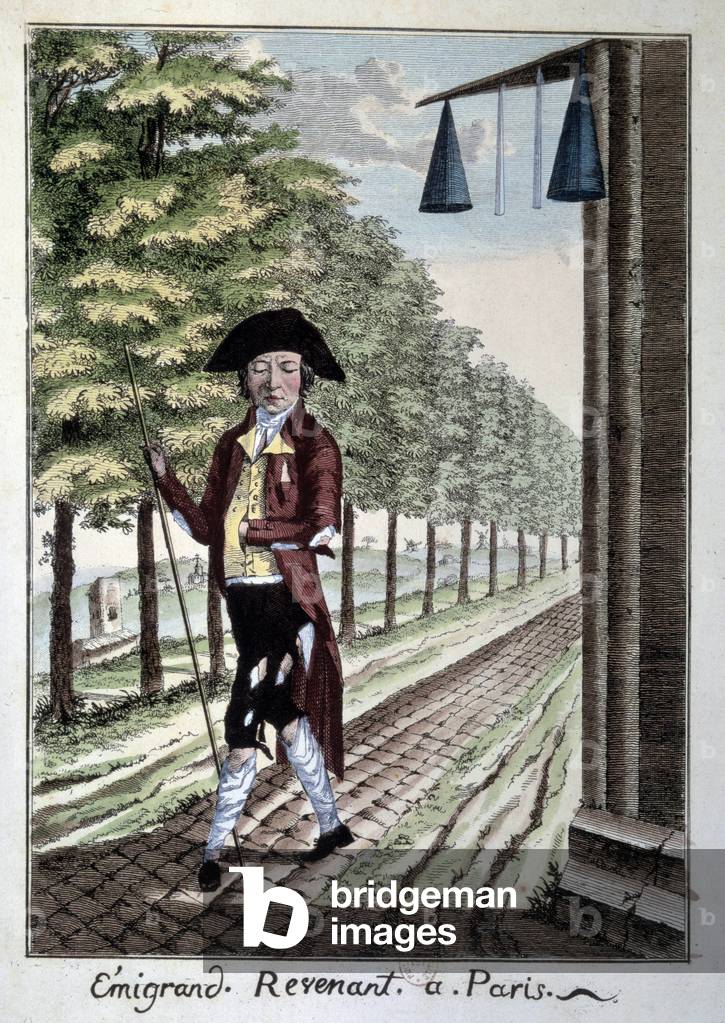 An emigrant returns to a changed France, wearing tattered clothes from fleeing the Revolution, 19th century (engraving)