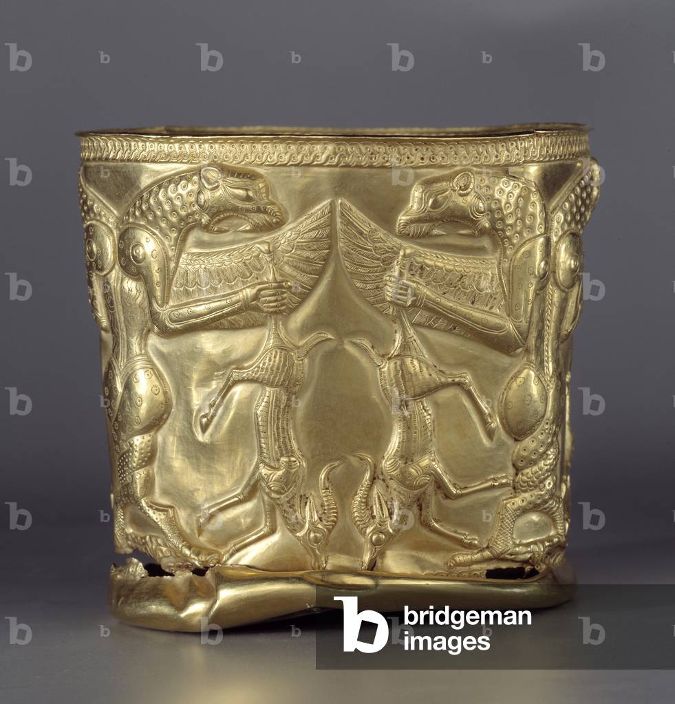Ancient Art Oriental: Electrum cup representing a monster with interlaced greenhouses, c.1200 BC (gold)