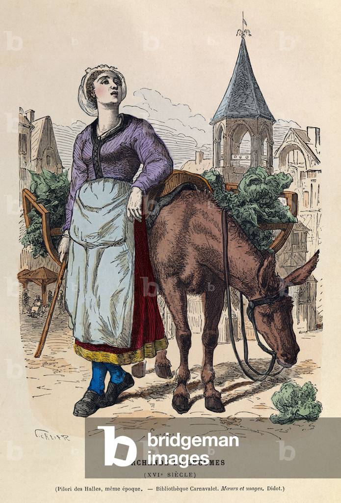 A vegetable merchant in Paris in the 16th century (engraving)