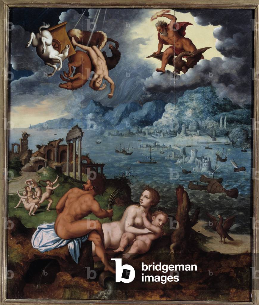 La caduta di Fetonte Phaeton colpito da Zeus e caduto nel fiume Eridan, XVI secolo (olio su tela)