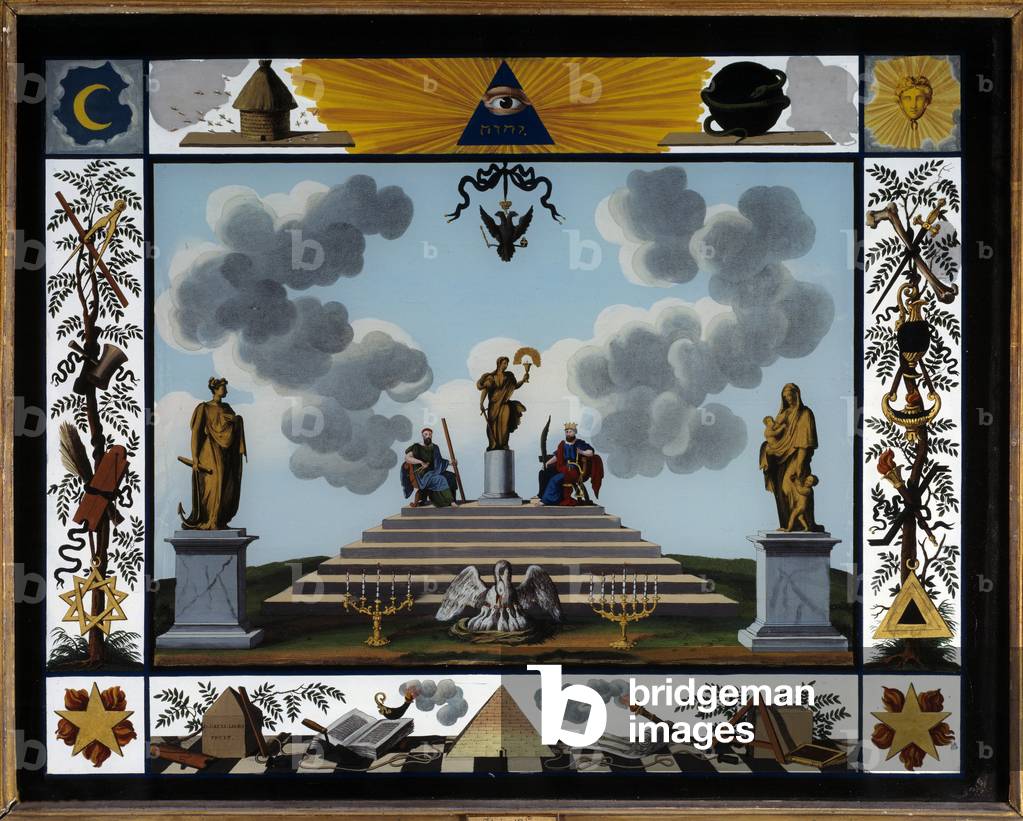 Franc Maconnerie: Maconnic attributes fixed under glass of the first empire, 19th century (drawing)