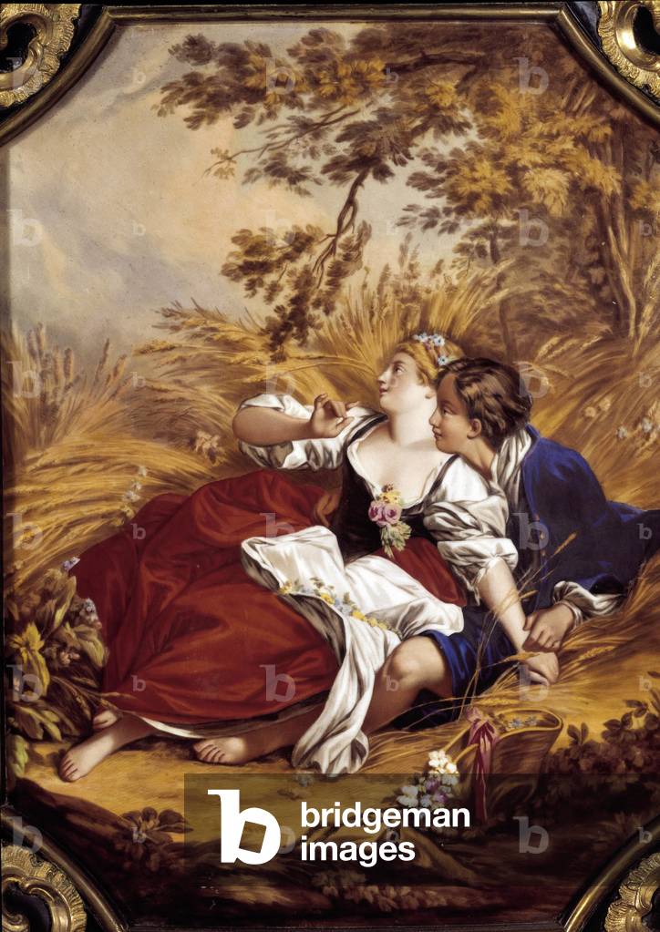 Secretaire greenhouse jewelery: detail of paintings of porcelain plates of sevres representing a scene of badinage, c.1859 (oil on canvas)