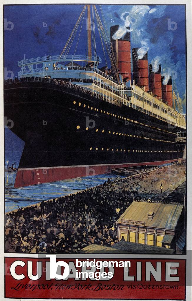 Poster for transatlantic crossings of the Cunard Line linking Liverpool to New York and Boston via Queenstown, 1908 (print)