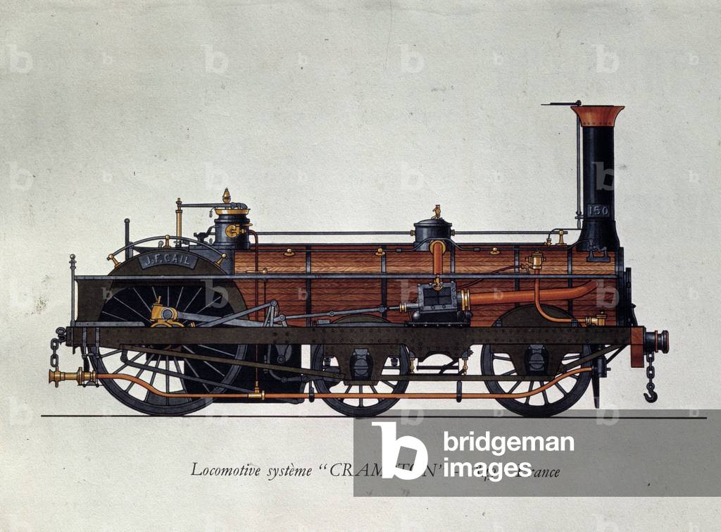 Locomotive model, Crampton system named after Thomas Russell Crampton (1816-1888), 19th century (engraving)