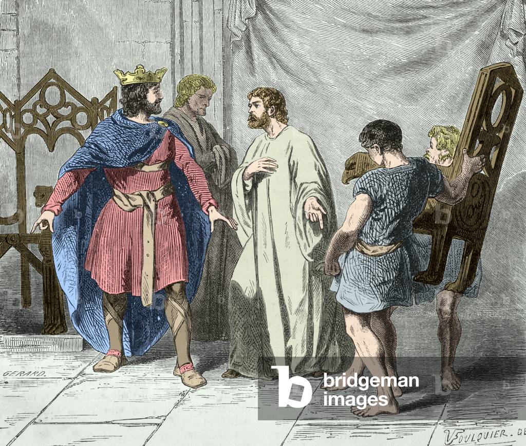 King Dagobert I wonder when the goldsmith Saint Eloi presented his throne (engraving)