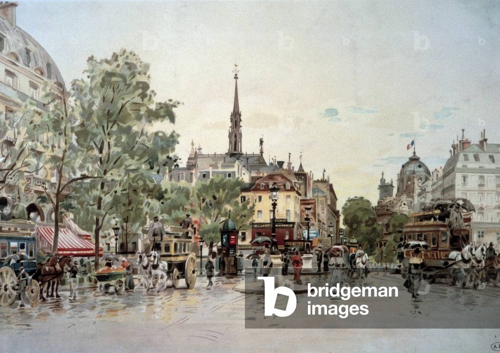 View of Place du Chatelet in Paris at the beginning of the 20th century (watercolour)