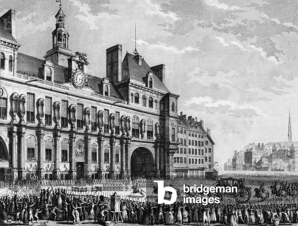 French Revolution: King Louis XVI (1754-1793) arriving at the town hall of Parsi on July 17, 1789 (engraving)