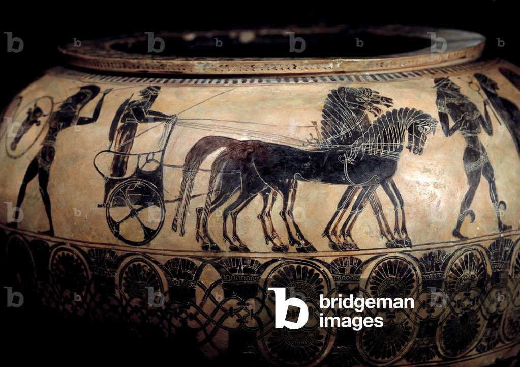 Attic dinos with black ceramic figures representing an aurige. Attributes to the Painter of Gorgona (6th century BC) (ceramic)