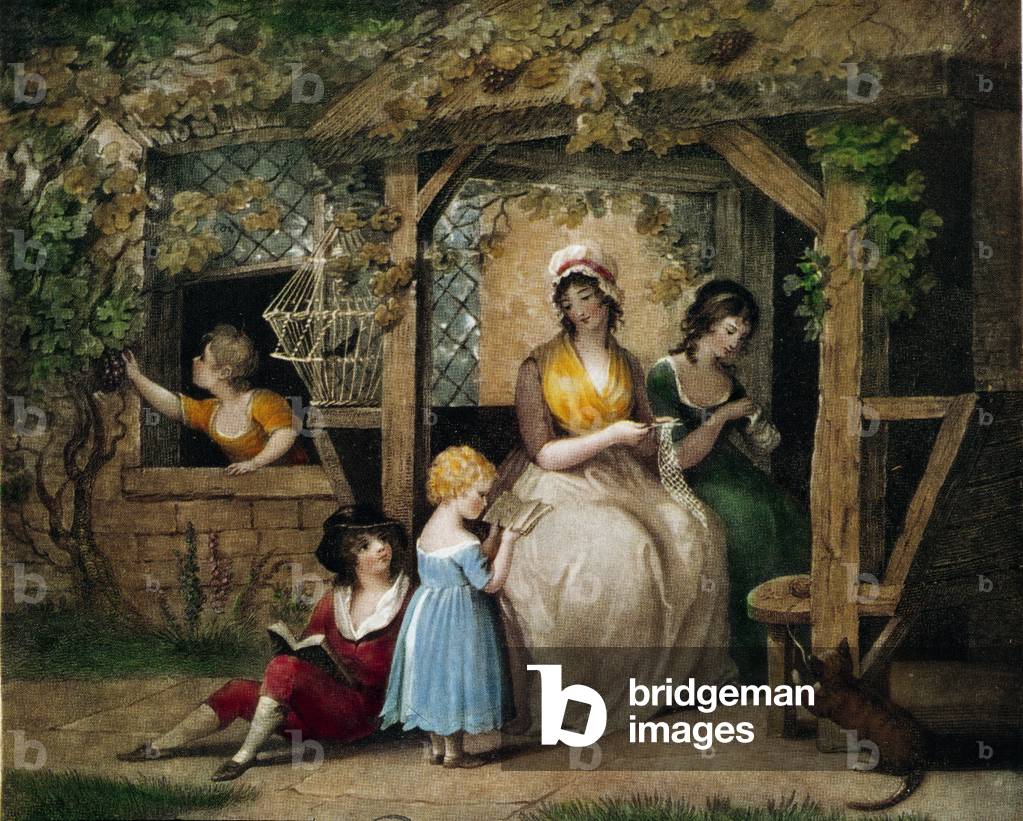 After school Children read to their mothers in sewing work, 19th century (print)