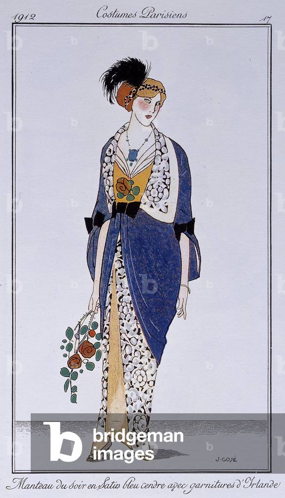 Parisian Costumes: Ash blue satin evening coat with Irish trim. Draw, Ec. Esp, 1912 (litho)