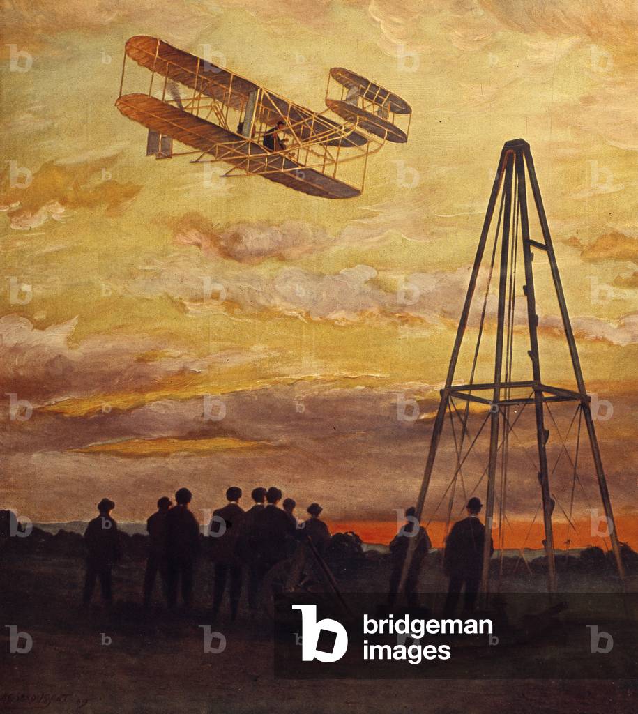 Wilbur Wright's aeroplane (1867-1912) in flight, 1909 (oil on canvas)