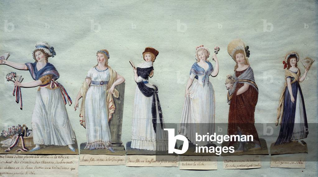 

Die verschiedenen jungen Frauen, die feminine Kleidung repräsentieren, während der Revolution, 18. Jahrhunde