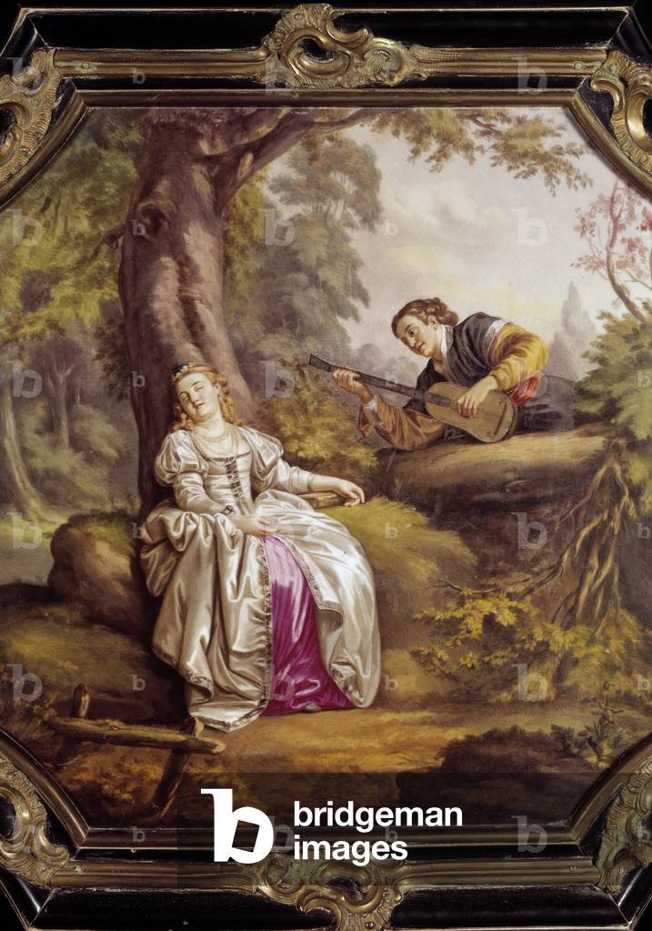 Romance Secretaire squeezes jewels: detail of paintings of the porcelain plates of sevres representing a bucolic scene with a shepherd, c.1859 (oil on canvas)