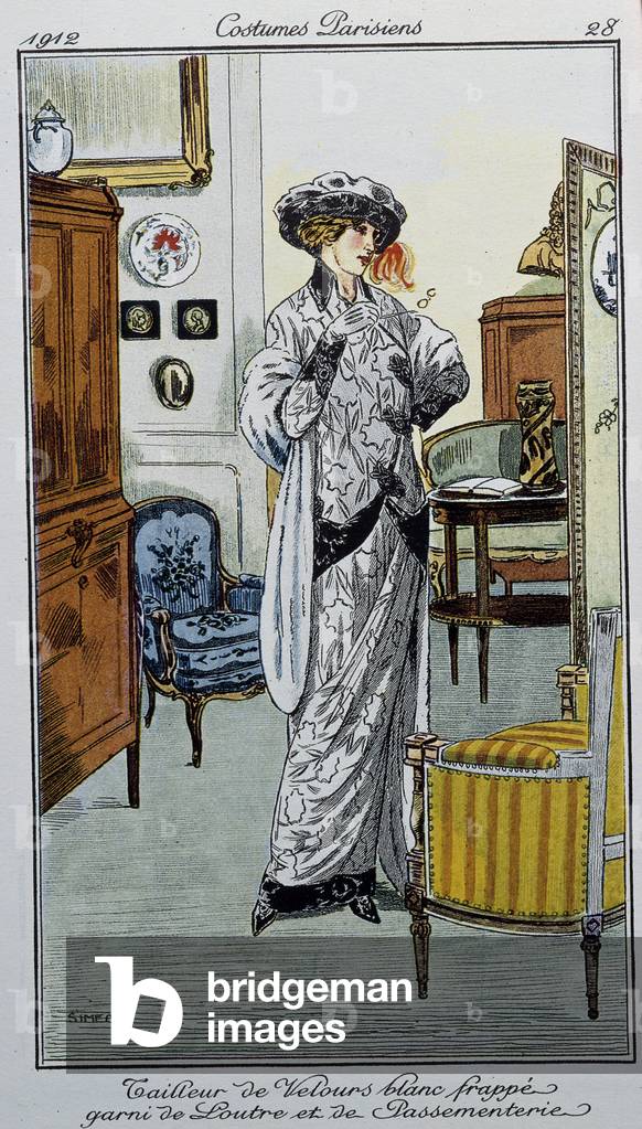 Parisian Costumes: White velour tailor striped with otter and trimmings Dessine, 1912 (engraving)