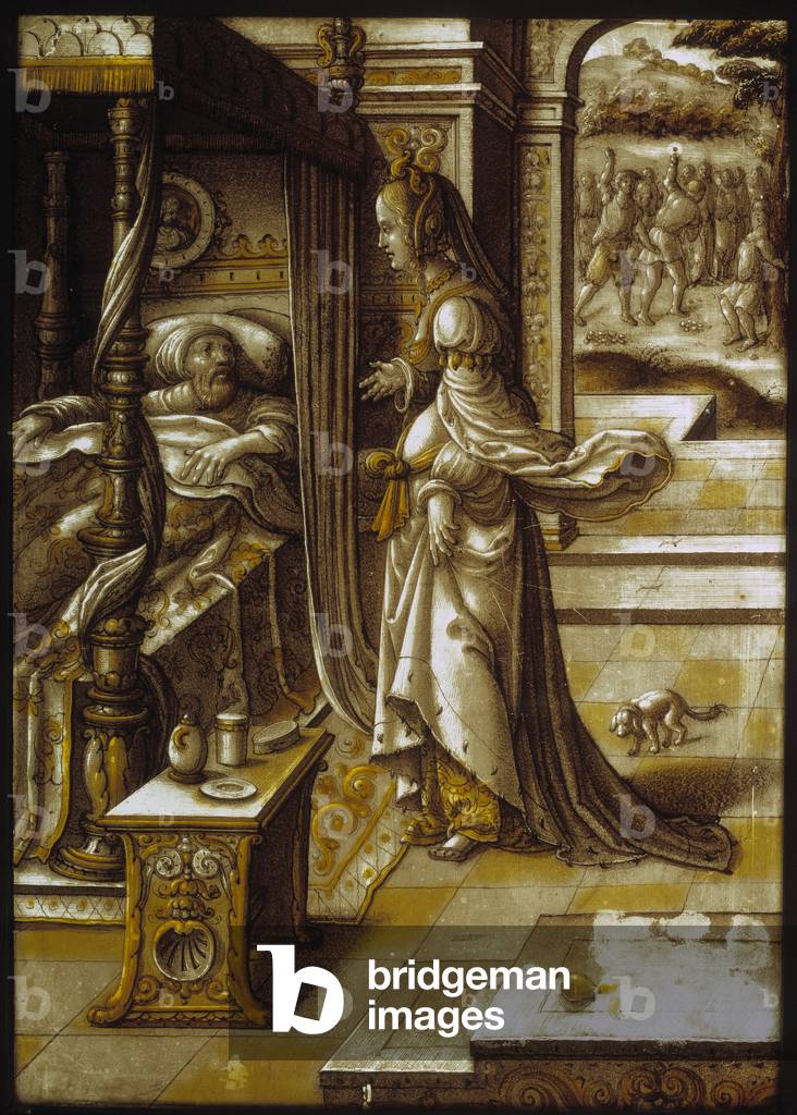 Jezabel promises Ahab she'll get him Naboth's vineyard, 16th century (stained glass)