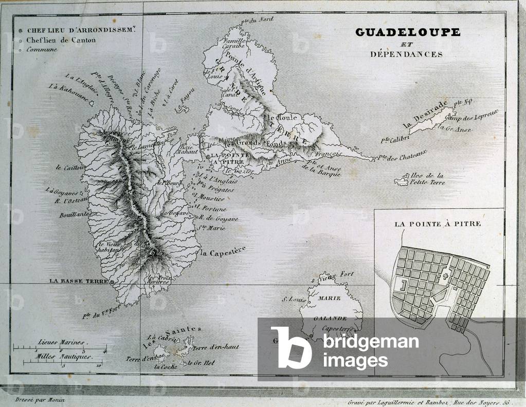 Map of Guadeloupe and its dependencies, 19th century (engraving)