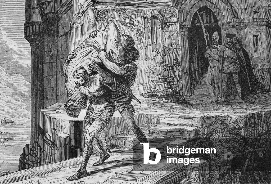 The lover of Queen Isabeau de Baviere the Knight Louis de Bois Bourdon was sewn into a bag and thrown at the Riviere (engraving)